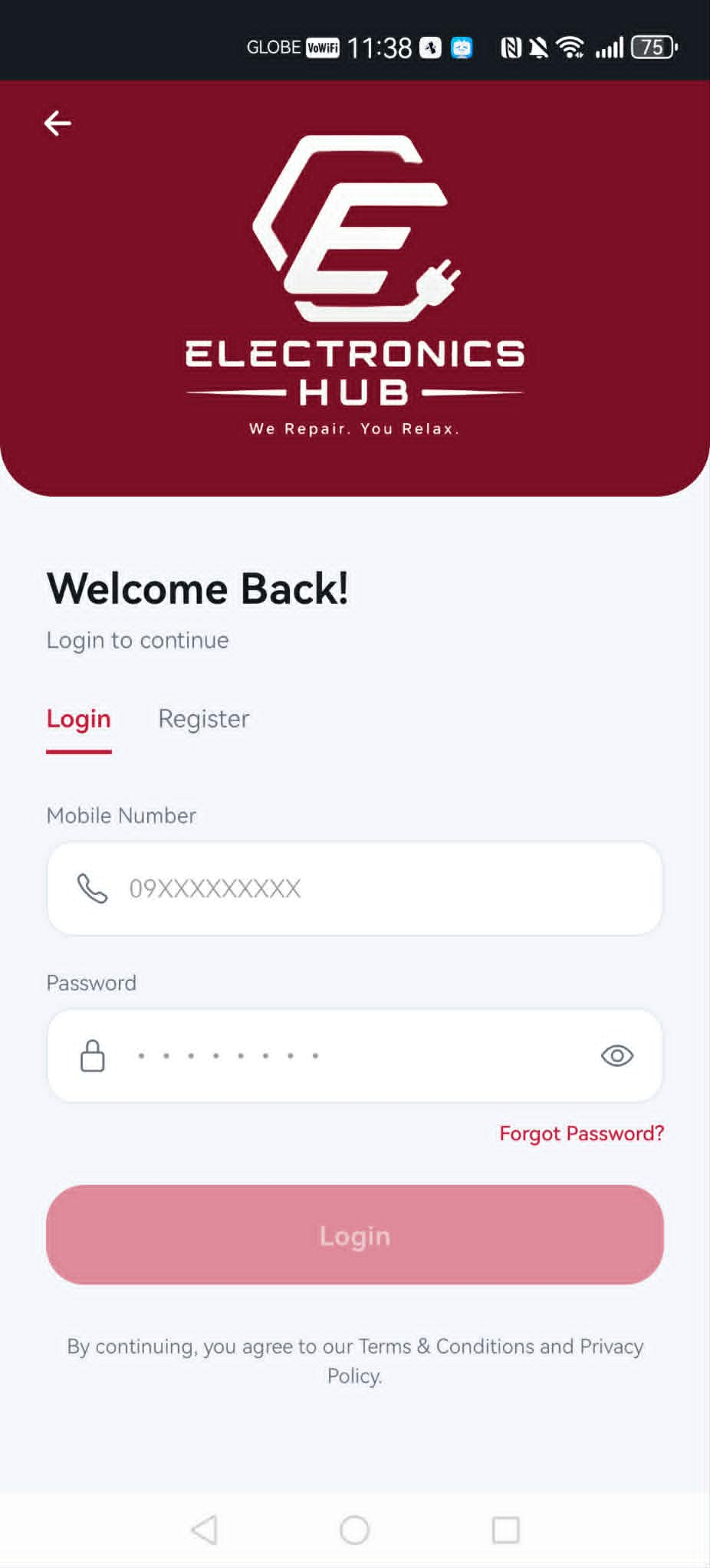 Electronics Hub login screen