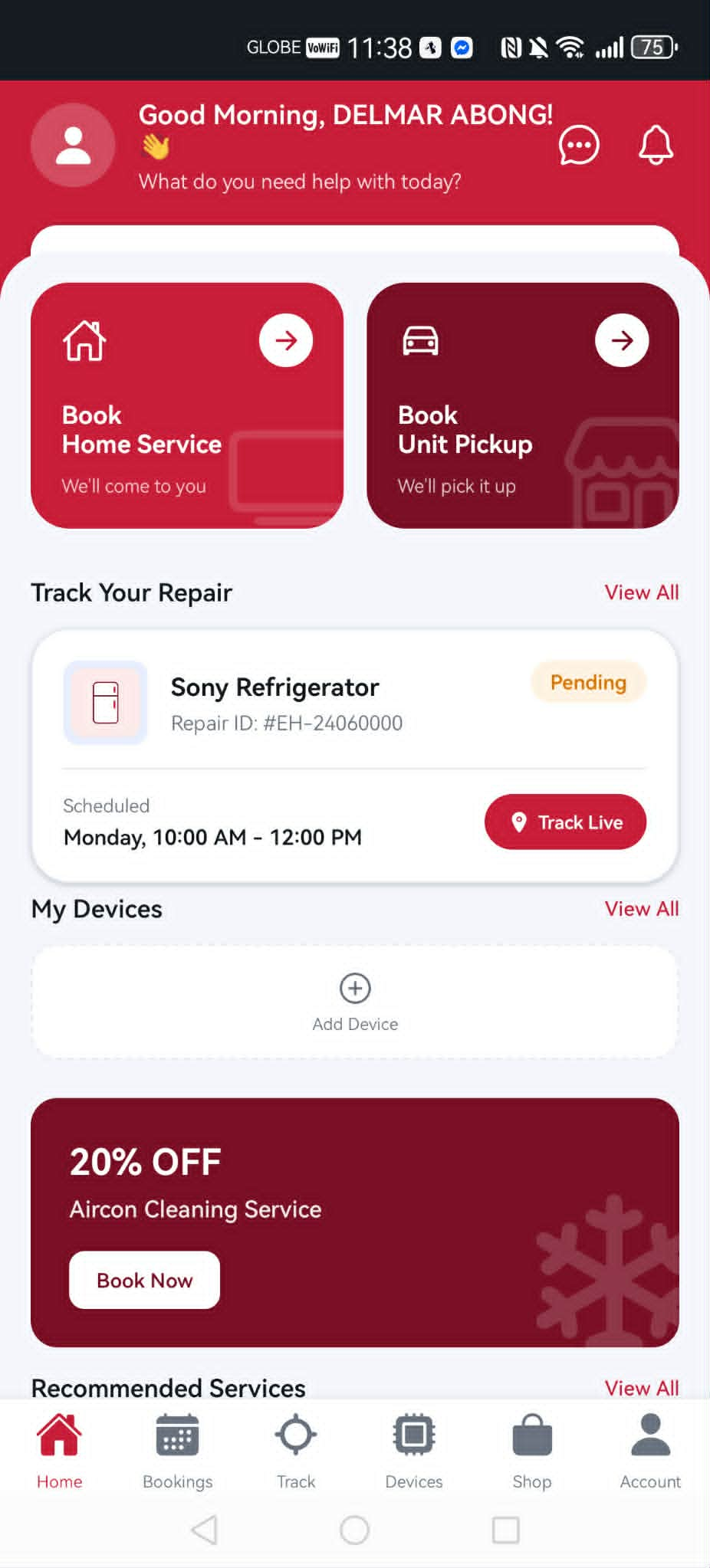 Electronics Hub customer dashboard